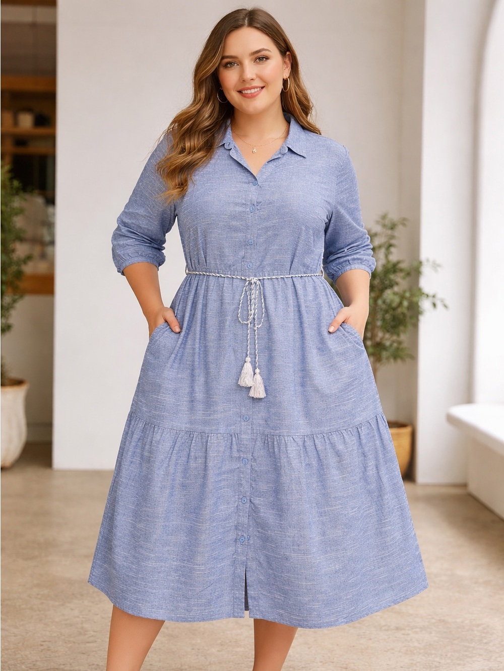 Mlle Gabrielle Light Blue Button-Front Midi Dress
